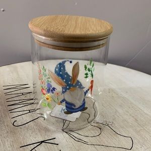 New Glass jar/Container with bamboo top for treats/seeds with bunny print